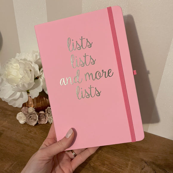 lists lists and more lists - pink and silver notebook