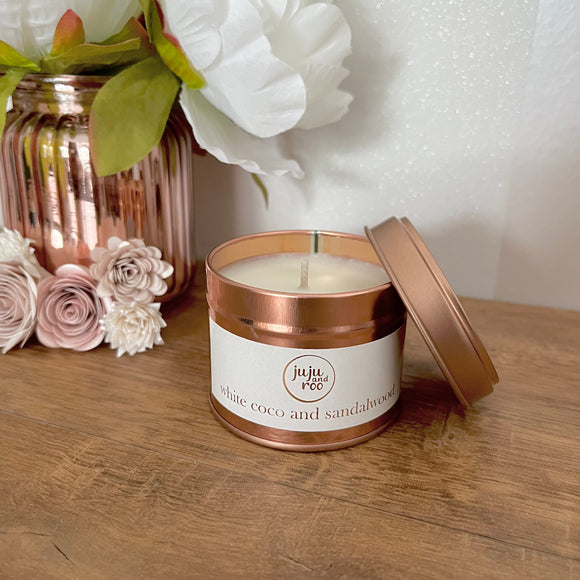 summer fragrance - white coco and sandalwood - small rose gold soy wax candle