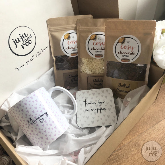 mug, coaster and hot chocolate gift box